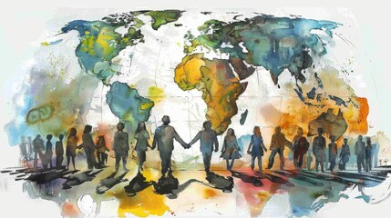 Colorful watercolor painting of the world with people of all colors holding hands in front of it.