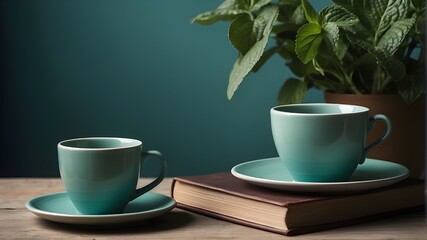 cup of coffee and a flower An ancient book and a cup of mint tea on the table. light blue glaze on a green ceramic mug