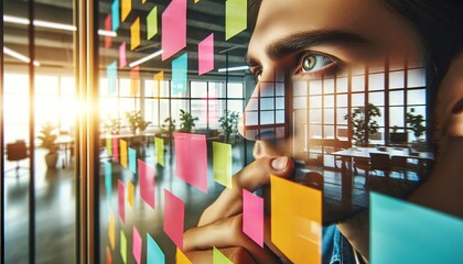 A close perspective of a person's eyes gazing thoughtfully at a glass wall filled with colorful sticky notes in a well-lit modern office.