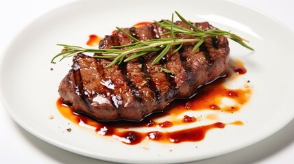 Delicious grilled meat steak with chili sauce on plate isolated on white background.