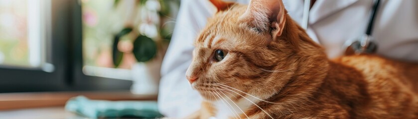 Veterinarian examining an orange cat, professional setting, emphasizing pet health and care services
