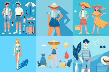 collection of people in summer outfit. flat vector illustration