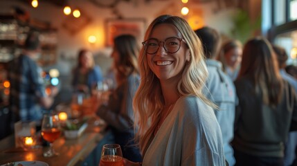 Obraz premium A young woman with blonde hair and glasses is smiling at the camera. She is standing in a bar or restaurant, and there are people in the background.