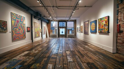 An art gallery with colorful paintings on the walls and a wooden floor made of reclaimed wood.