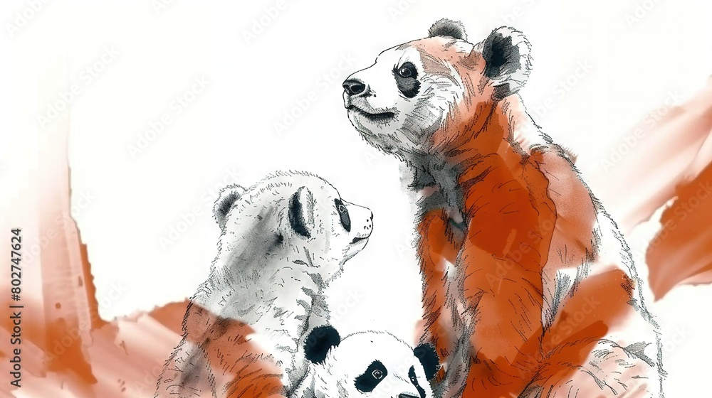 Poster a pair of pandas rest atop a white and red painting of a bear