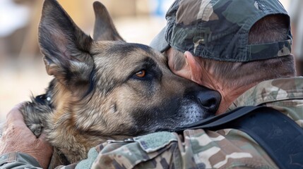 Veteran with a service dog, sharing a heartfelt hug, emphasizing the support and dedication of therapy animals