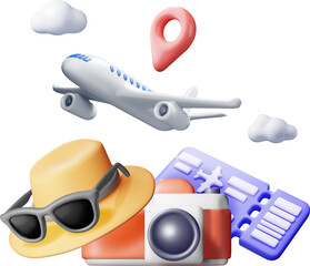 3d Airline Ticket, Sunglasses Camera and Airplane