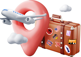 3d vintage travel bag, location pin and airplane