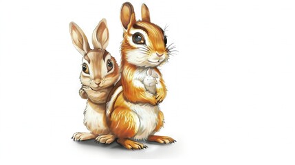   A pair of rabbits rest beside each other on a white background, with one bunny turning its head toward the viewer