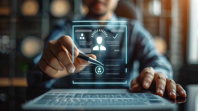 Businessman touching online cv on virtual interface. Human resource management, recruiting, team building.