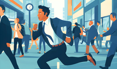 A businessman sprinting through a busy urban setting, against a backdrop of people and a large clock. This conceptual artwork symbolizes the race against time in a fast-paced business world.