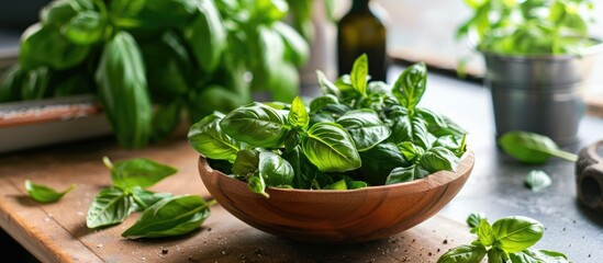 within a kitchen containing a table and basil