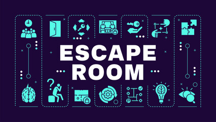 Escape room dark purple word concept. Outdoor family entertainment. Creative problem solving. Visual communication. Vector art with lettering text, editable glyph icons. Hubot Sans font used
