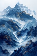 Golden Mountain Montage: Navy and Aquamarine Style, Detailed Background, Seascapes, Flowing Textures