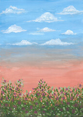 Watercolor painting nature background of blue sky with cloud and flower garden on paper. Landscape. illustration for environment or spring, summer and season. Hand painted texture style. vertical