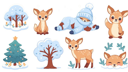 A playful set of illustrations featuring cute deer in various winter scenes, embodying the joy and whimsy of the season