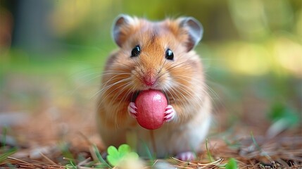   Close-up of a hamster holding a ball in its mouth with grass in the foreground