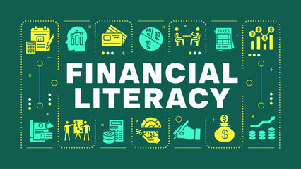 Financial literacy teal word concept. Family saving, paying bills. Personal finance. Visual communication. Vector art with lettering text, editable glyph icons. Hubot Sans font used