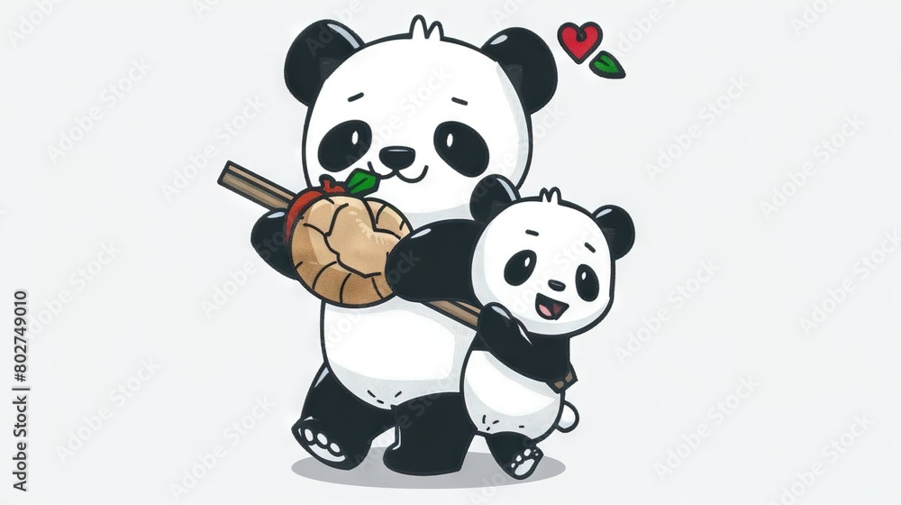 Poster two pandas on white background with red heart