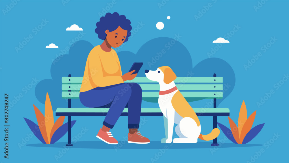 Poster a person sitting on a park bench with their service dog deep in conversation with a the while the do