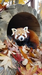 Red panda nestled in a cozy habitat with autumn leaves, promoting seasonal zoo events and animal awareness