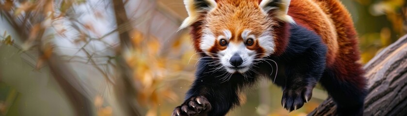 Red panda in an action pose, leaping between branches, dynamic and engaging for interactive zoo exhibits