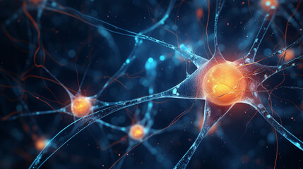 Neuron cells nervous system closeup, abstract blue glitter neuron cells in brain artistic background