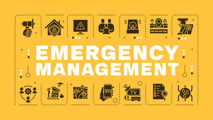 Emergency management yellow word concept. Fire detection systems. Home security, disaster. Visual communication. Vector art with lettering text, editable glyph icons. Hubot Sans font used