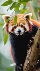 Obraz premium Red panda climbing a lush green tree, closeup shot focusing on its curious expression, ideal for wildlife conservation ads