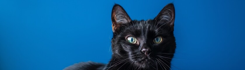 Portrait of a majestic black cat against a deep blue backdrop, highlighting its glossy fur and serene expression