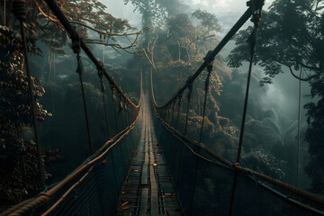 A wooden suspension bridge strecthing through a lush jungle