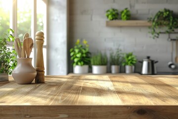 Fototapeta na wymiar Contemporary kitchen background with kitchen utensils standing on wooden countertop