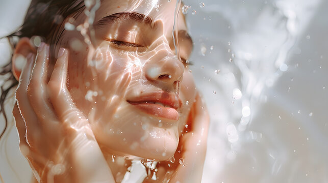 A woman embraces the beauty concept in a white bathroom, her reflection in the mirror capturing the radiance of her face as she splashes water, a happy smile.