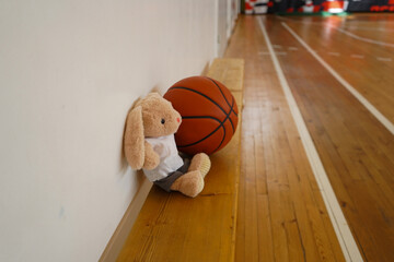 A bunny toy sits with a basketball in the gym