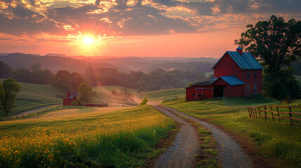 Rural idyll: sunrise over a picturesque farm