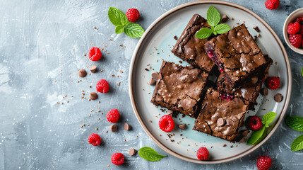 Plate with pieces of raspberry chocolate brownie on li