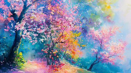 Colorful acrylic painting depicting a lush, blooming forest in spring