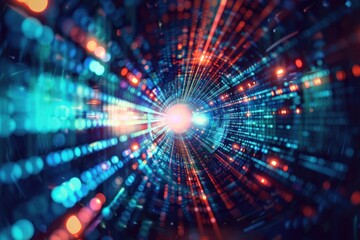 Obraz premium High-speed digital data stream flows through virtual blue tunnel, symbolizing cyber progress.