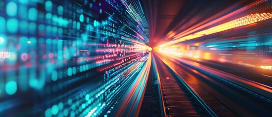 High-speed digital data stream flows through virtual blue tunnel, symbolizing cyber progress.