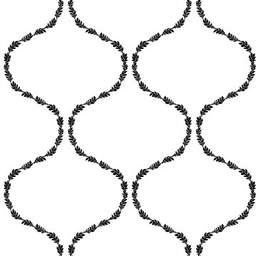 Seamless pattern with black floral ogee geometrical motifs on a white background. Monochrome classic abstract repeat wallpaper.