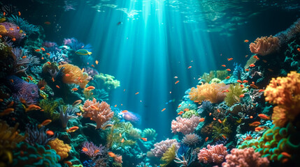 Colorful coral reefs and exotic fish in a clear, deep blue sea