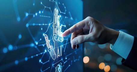 Human hand and robot finger touch on digital screen with AI icon, in the style of technology background