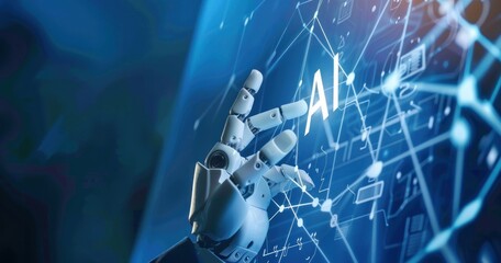 Human hand and robot finger touch on digital screen with AI icon, in the style of technology background