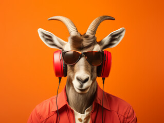 A goat wearing sunglasses and headphones is posing for a photo