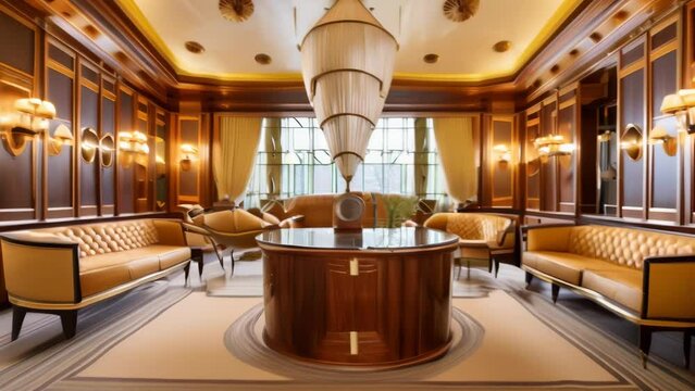 Ornate interior of a high-end restaurant featuring arched windows, wood paneling, intricate ceiling design with chandelier lighting. 