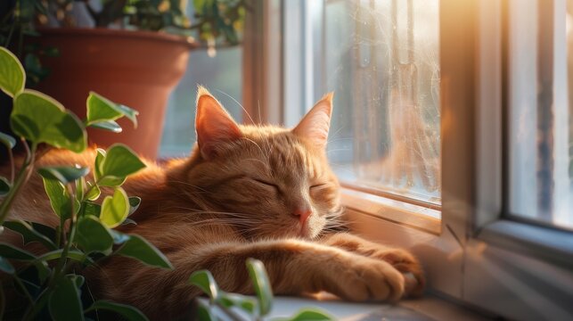 Orange cat basking in a sunny window sill, cozy home interior, highlighting warmth and comfort