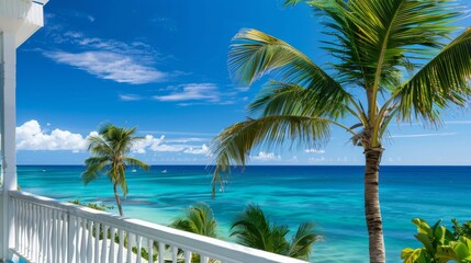 Oceanfront luxury resort view from a balcony, inviting guests with palm trees and turquoise water, exclusive and relaxing