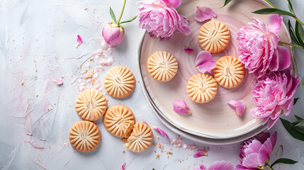 Plate with sweet cookies and beautiful peony flowers