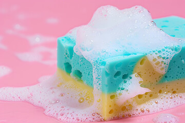 Colorful Cleaning Sponge with Sudsy Foam on Pink Surface