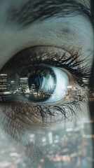Highresolution image of an eye reflecting a cityscape, symbolizing vision and perspective, suitable for inspirational themes